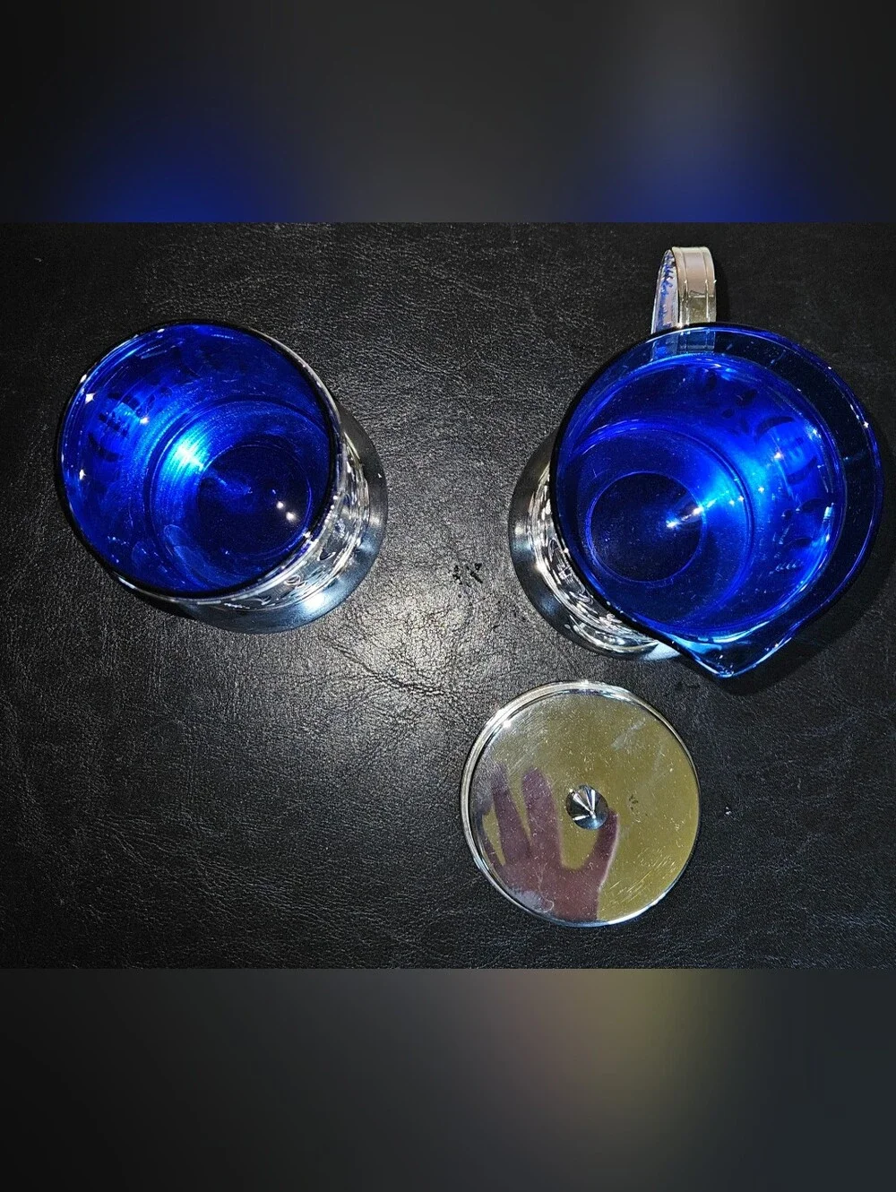 Vintage Avon Royal Sapphire Sugar and Creamer Set Cobalt Blue Glass Inserts